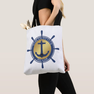 Blue Nautical Anchor yacht club boat marina Name Tote Bag