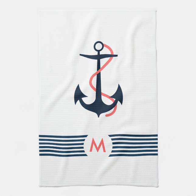 Blue Nautical Boat Anchor Decorative Blue Stripes Kitchen Towel (Vertical)