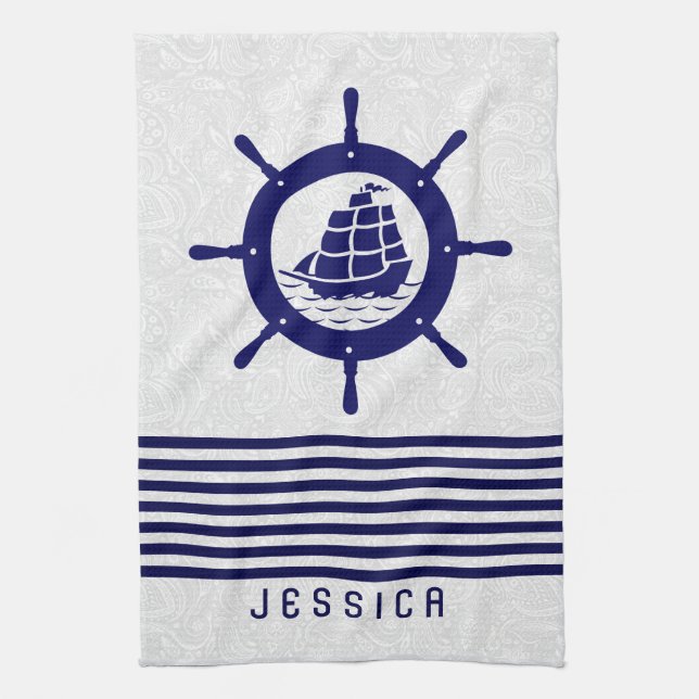 Blue Nautical Boat Wheel And Stripes Kitchen Towel (Vertical)