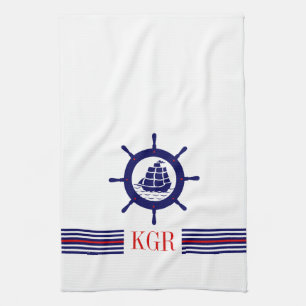 Blue Nautical Boat Wheel Monogram & Stripes Kitchen Towel
