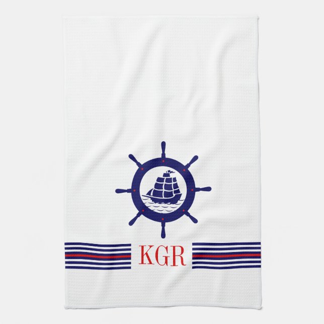 Blue Nautical Boat Wheel Monogram & Stripes Kitchen Towel (Vertical)