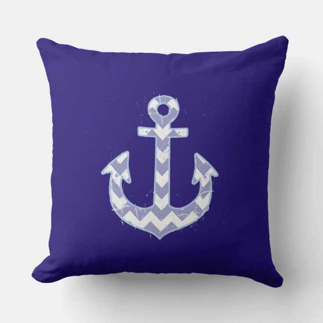 blue nautical chevron anchor throw pillow (Front)