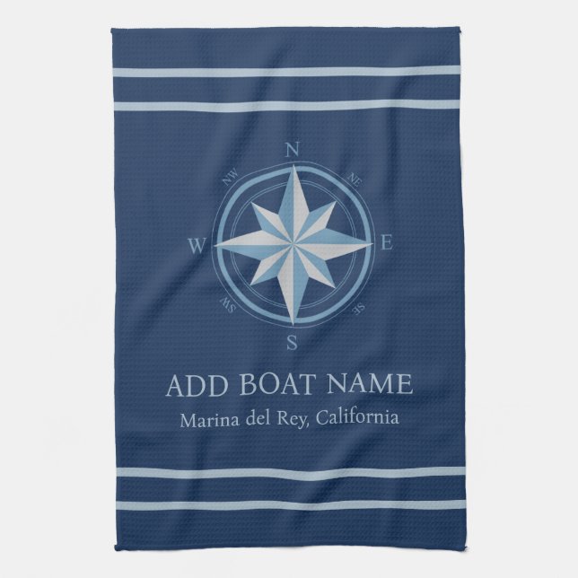 Blue Nautical Compass Custom Boat Name Kitchen Towel (Vertical)