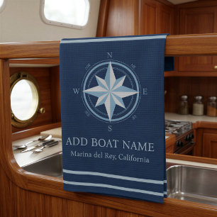 Blue Nautical Compass Custom Boat Name Kitchen Towel