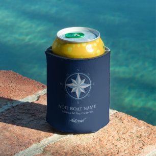 Blue Nautical Compass Custom Marina & Boat Name Can Cooler