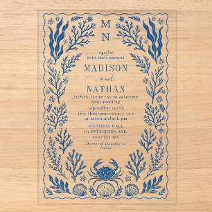 Blue Nautical Crab Shell Ocean Beach Wedding Acrylic Invitations
