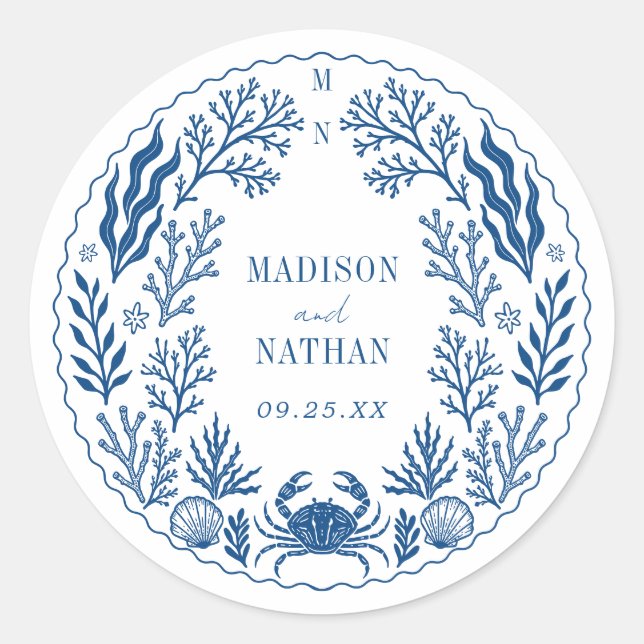 Blue Nautical Crab Shell Ocean Beach Wedding Classic Round Sticker (Front)