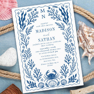 Blue Nautical Crab Shell Ocean Beach Wedding Invitation
