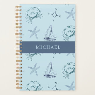 Blue Nautical Crab Starfish Boat Pattern Planner