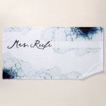 Blue Nautical Destination Wedding Mrs. Beach Towel<br><div class="desc">This Blue Nautical Destination Wedding Mrs. Beach Towel design pairs sleek and classic white with striking dark royal blue watercolor ocean waves as a gorgeous backdrop for sophisticated minimalist typography and boho script details. Perfect for a modern luxury nautical aesthetic, with a unique moody navy beach style. This beautifully curated...</div>