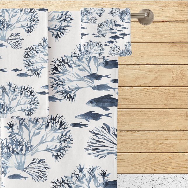 Blue Nautical Fish and Coral Pattern Bath Towel Set (Creator Uploaded)