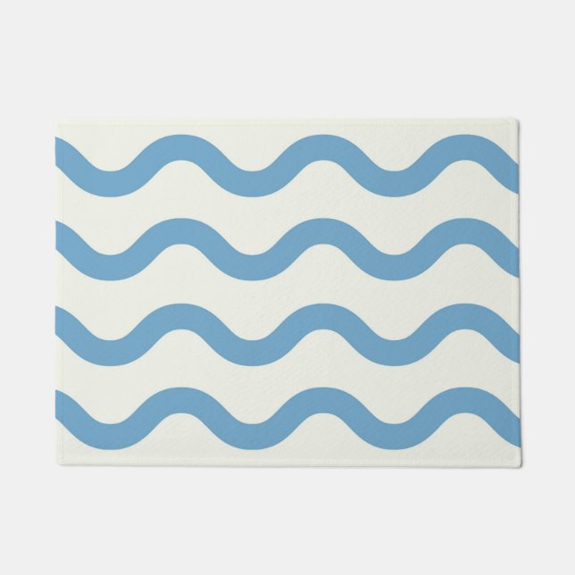 Blue Nautical Groovy Wavy Stripe Modern Minimalist Doormat (Front)