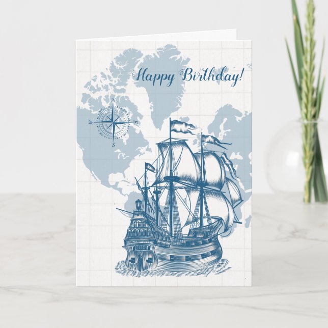 Blue Nautical Map Birthday Card (Front)