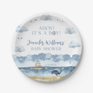 Blue Nautical Ocean Sea Ahoy its a boy baby shower Paper Plate