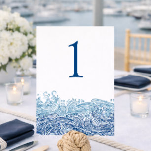 Blue Nautical Ocean Waves Wedding Table Number
