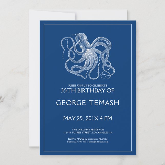 Blue nautical octopus Birthday party Invitation (Front)