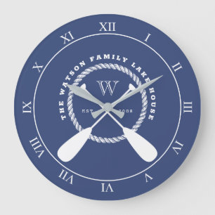 Blue Nautical Paddle Monogram Large Clock