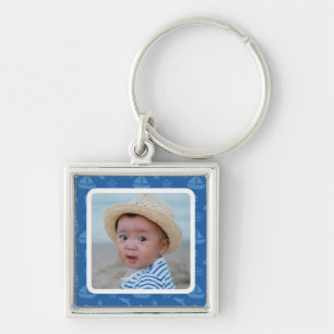 Blue Nautical Pattern Custom Baby Boy Photo Keychain