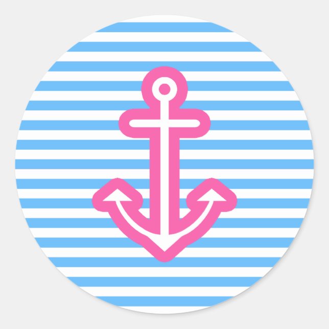 Blue Nautical Pink Anchor Classic Round Sticker (Front)