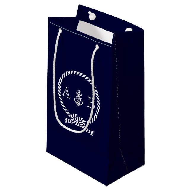 Blue Nautical Rope and Anchor Monogram Small Gift Bag (Front Angled)