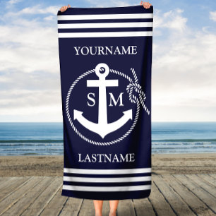 Blue Nautical Rope and Anchor Personalized Beach Towel