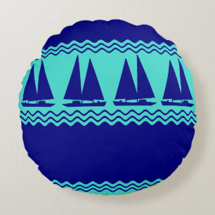 Blue Nautical Sailboat Coastal Stripes Round Pillow