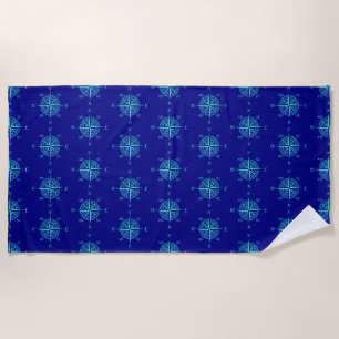 Blue Nautical Sailing Compass Beach Towel