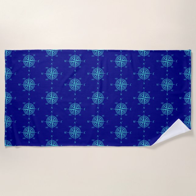 Blue Nautical Sailing Compass Beach Towel (Front)