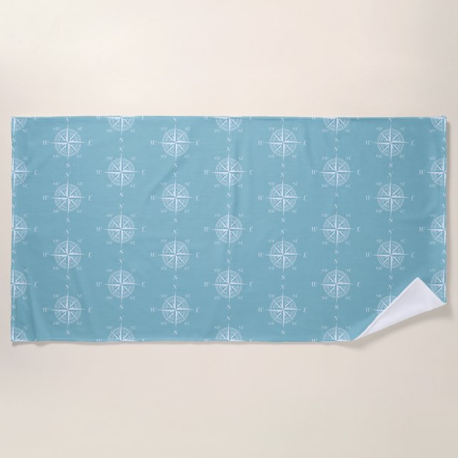 Blue Nautical Sailing Compass Beach Towel (Front)