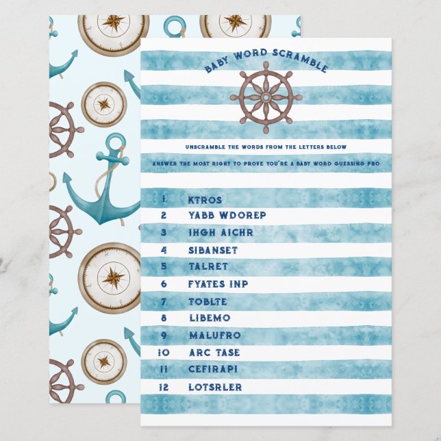 Blue Nautical Sailor Baby Shower Word Scramble (Front/Back)