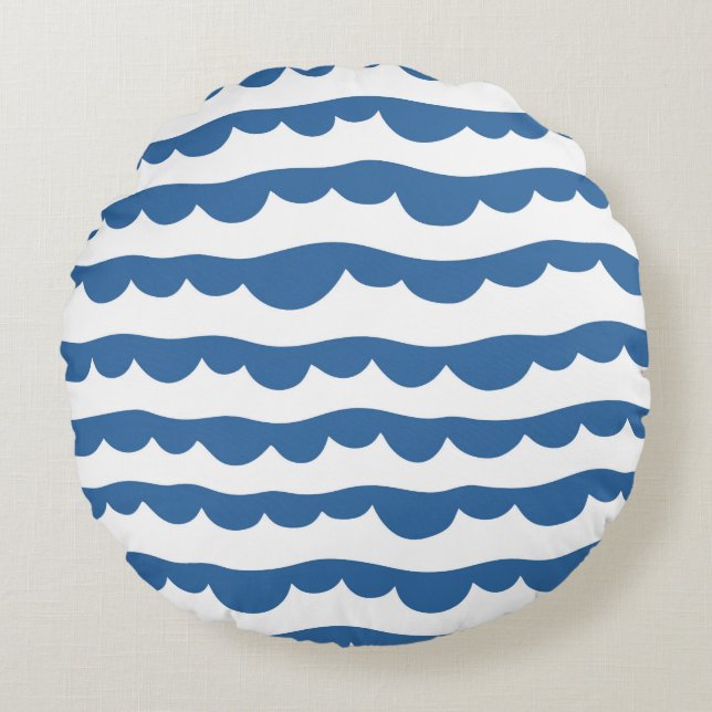 Blue Nautical Scallop Edge Sketch Pattern Round Pillow (Front)