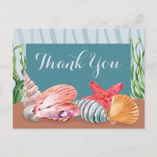 Blue Nautical Seashell Beach Wedding Thank You Postcard (Front)