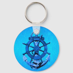 Blue Nautical Ships Wheel And Anchor Keychain