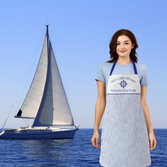  Blue Nautical Striped Monogram Boat Name Design Apron (Creator Uploaded)