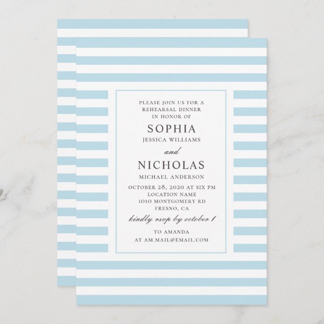 Blue nautical stripes wedding rehearsal dinner invitation (Front/Back)