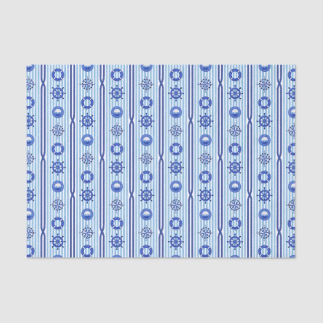 Blue Nautical Stripes with Maritime Motives Tissue Paper (Front)