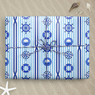 Blue Nautical Stripes with Maritime Motives Wrapping Paper