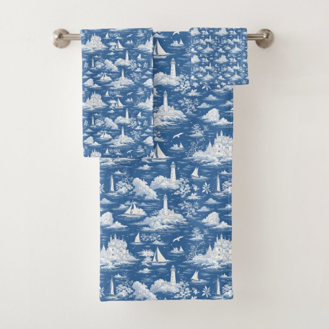 Blue Nautical Toile de Jouy Bath Towel Set (Insitu)