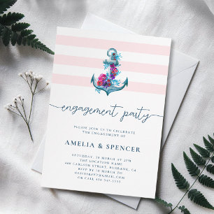 Blue Nautical Watercolor Anchor Engagement Party Invitation