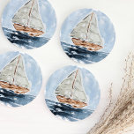 Blue Nautical Watercolor Sailboat Round Paper Coaster<br><div class="desc">These beautifully painted watercolor sailboat coasters are the perfect compliment to the Nautical Baby Shower party or as a gift for the boat-living person in your life!</div>