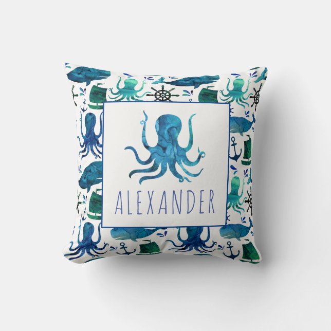 Blue Nautical Watercolor Under The Sea Octopus Throw Pillow (Front)