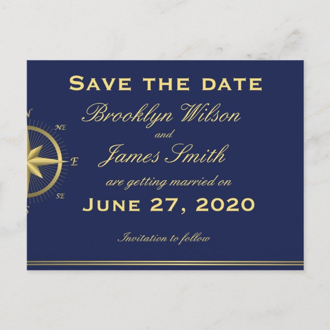Blue Nautical Wedding Save The Date Postcards (Front)
