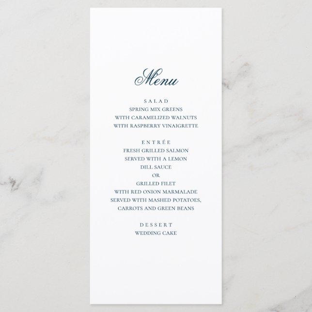 Blue nautical wedding. Watercolor navy modern Menu (Front)