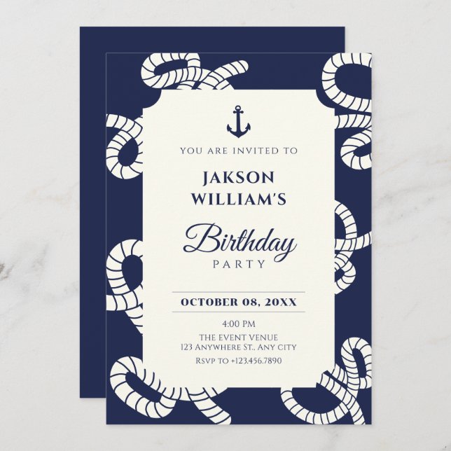 Blue navy anchor birthday invitation (Front/Back)