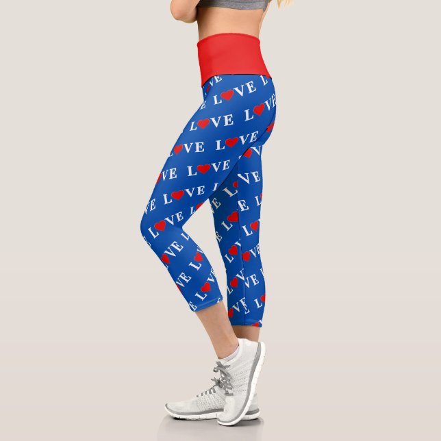 Blue Navy Blue LOVE Elegant Stylish Modern Pattern Capri Leggings (Left)