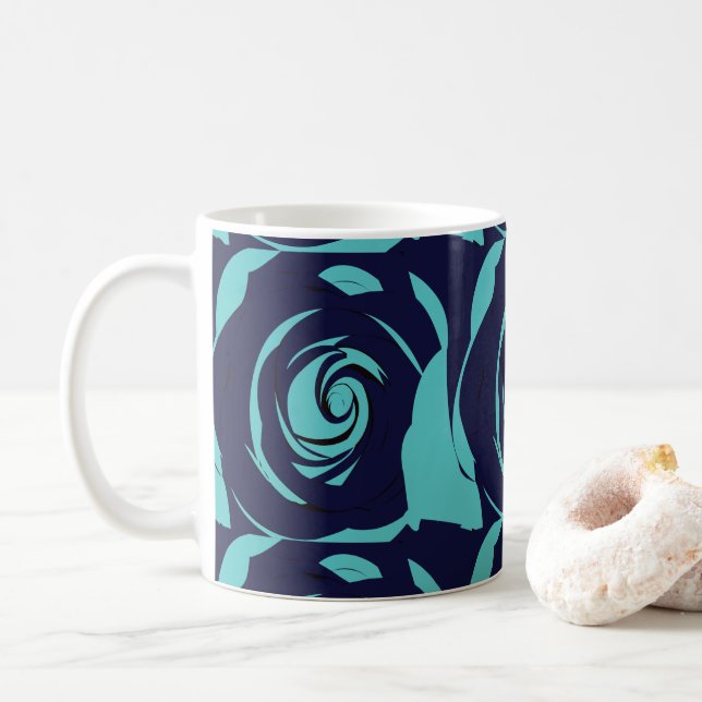 Blue Navy Blue Rose Flower  Coffee Mug (With Donut)