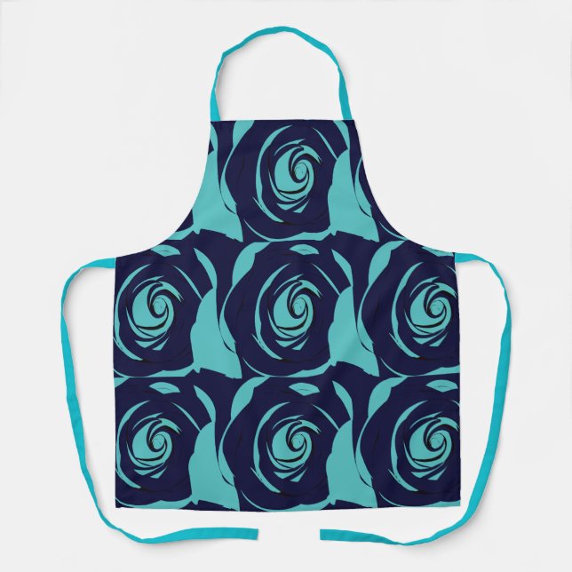 Blue Navy Blue Rose Flower Floral Pattern Apron (Front)