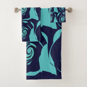 Blue Navy Blue Rose Flower Floral Pattern Bath Towel Set