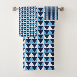Blue Navy Blue White Triangle Geometric  Bath Towel Set