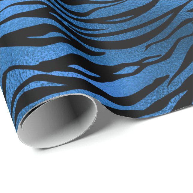 Blue Navy Cobalt Black Metallic Tiger Animal Fur Wrapping Paper (Roll Corner)